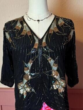 beaded silk black top argenti sz small vintage fairy